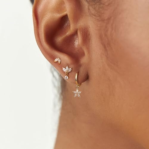 Krfy 3 Pairs Dainty Gold Plated Earrings for Women - Flower Cartilage Earring 14K Gold Plated Sterling Silver Post Hypoallergenic Earring Sets for Multiple Piercing - Image 5