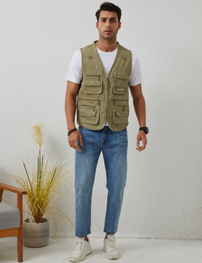 Gihuo Men's Fishing Vest Casual Utility Travel Safari Cargo Outdoor Work Photo Fly Vest Jacket with Multi Pockets (M, Beige) - Image 5