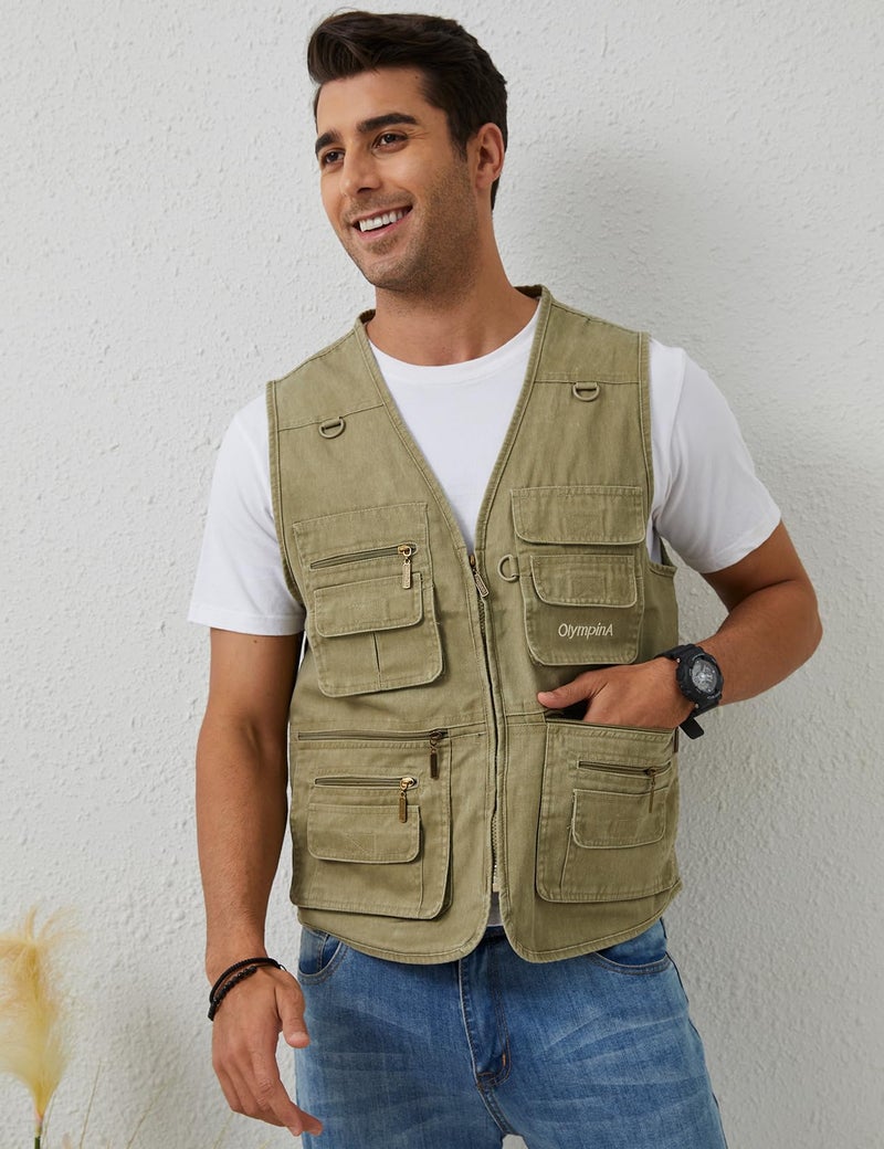 Gihuo Men's Fishing Vest Casual Utility Travel Safari Cargo Outdoor Work Photo Fly Vest Jacket with Multi Pockets (M, Beige) - Image 2