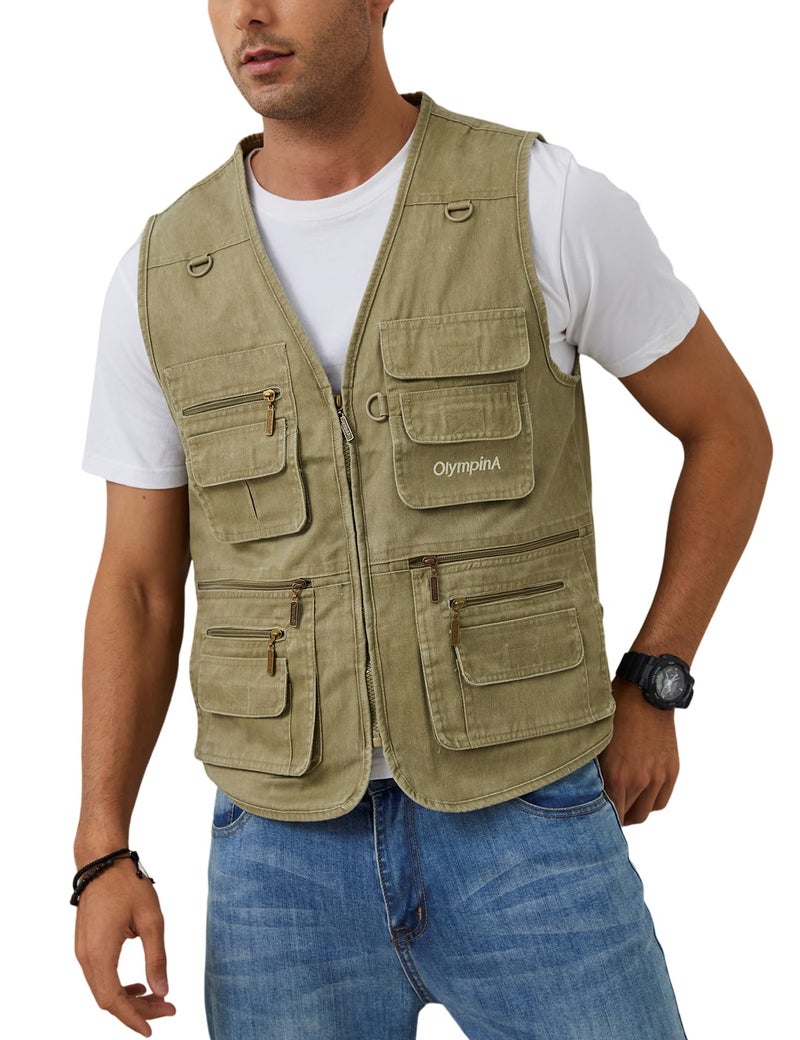 Gihuo Men's Fishing Vest Casual Utility Travel Safari Cargo Outdoor Work Photo Fly Vest Jacket with Multi Pockets (M, Beige) - Image 1