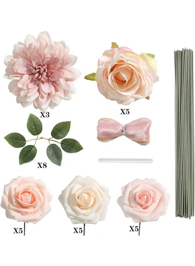 DUNISO مجموعة صندوق الزهور الاصطناعية، زهور وأوراق بألوان متدرجة مع سيقان، مناسبة لباقة الزفاف DIY، قطع مركزية، حفلات استقبال المواليد، زينة المنزل (وردي) - Image 2