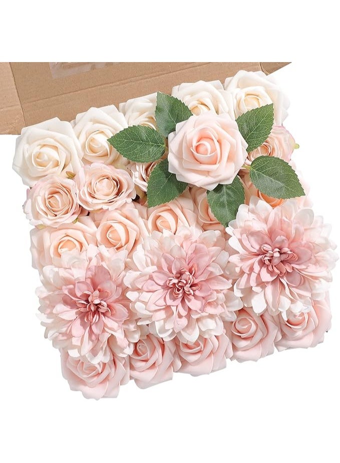 DUNISO مجموعة صندوق الزهور الاصطناعية، زهور وأوراق بألوان متدرجة مع سيقان، مناسبة لباقة الزفاف DIY، قطع مركزية، حفلات استقبال المواليد، زينة المنزل (وردي) - Image 1