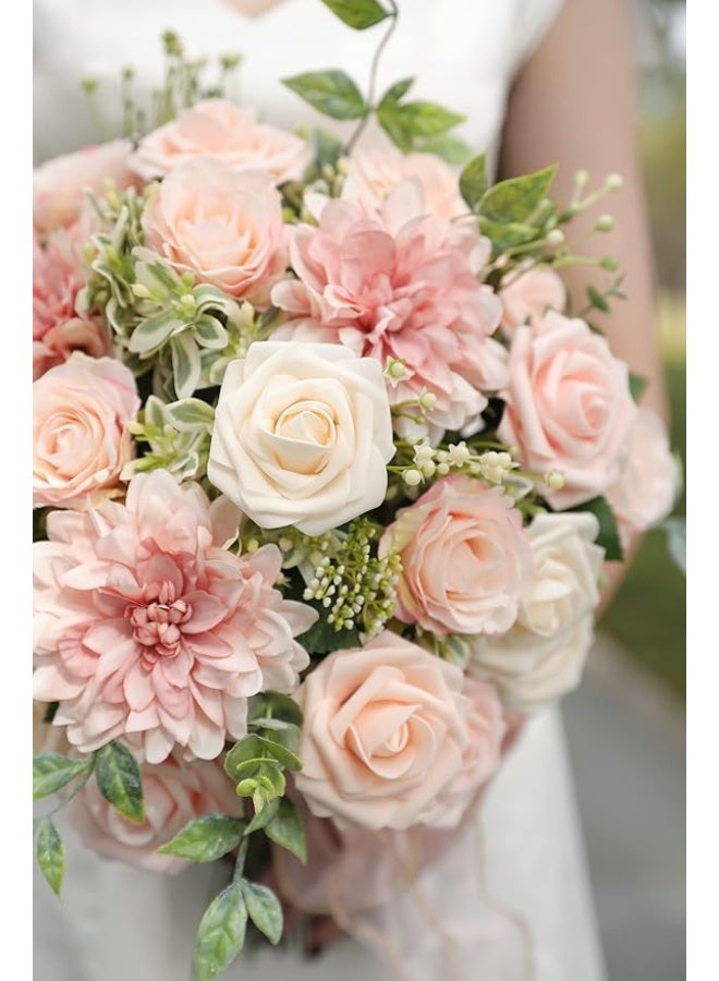 DUNISO مجموعة صندوق الزهور الاصطناعية، زهور وأوراق بألوان متدرجة مع سيقان، مناسبة لباقة الزفاف DIY، قطع مركزية، حفلات استقبال المواليد، زينة المنزل (وردي) - Image 4