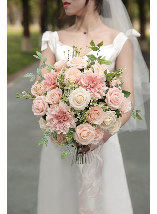 DUNISO مجموعة صندوق الزهور الاصطناعية، زهور وأوراق بألوان متدرجة مع سيقان، مناسبة لباقة الزفاف DIY، قطع مركزية، حفلات استقبال المواليد، زينة المنزل (وردي) - Image 3