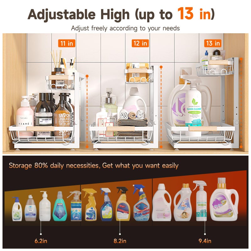 Sevenblue 2 Packs Under Sink Organizer, Height Adjustable 3 Tier Under Kitchen Sink Organizer, Multi-Purpose Storage Shelf for Kitchen Bathroom Cabinet (White, Large) - Image 2