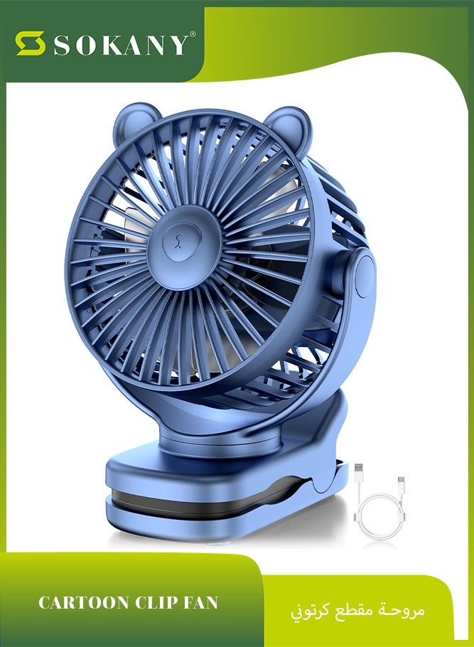 sokany Portable Clip on Fan, Small Desk Fan Battery Operated, 360° Rotation, Bear Design, 3 Speed, Mini Table Fan USB Rechargeable, For Home Office Outdoor Travel (Blue) - Image 1