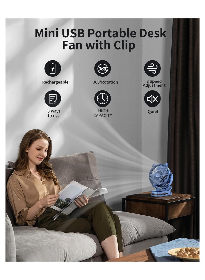 sokany Portable Clip on Fan, Small Desk Fan Battery Operated, 360° Rotation, Bear Design, 3 Speed, Mini Table Fan USB Rechargeable, For Home Office Outdoor Travel (Blue) - Image 2