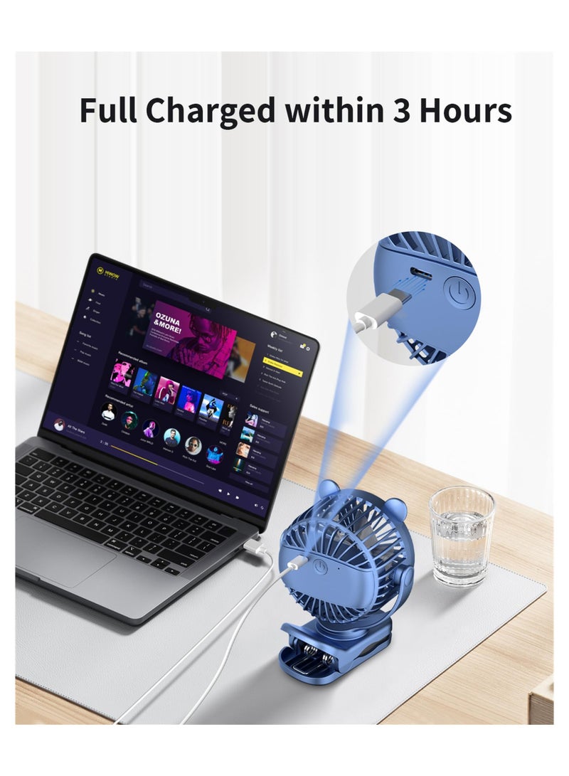 sokany Portable Clip on Fan, Small Desk Fan Battery Operated, 360° Rotation, Bear Design, 3 Speed, Mini Table Fan USB Rechargeable, For Home Office Outdoor Travel (Blue) - Image 3