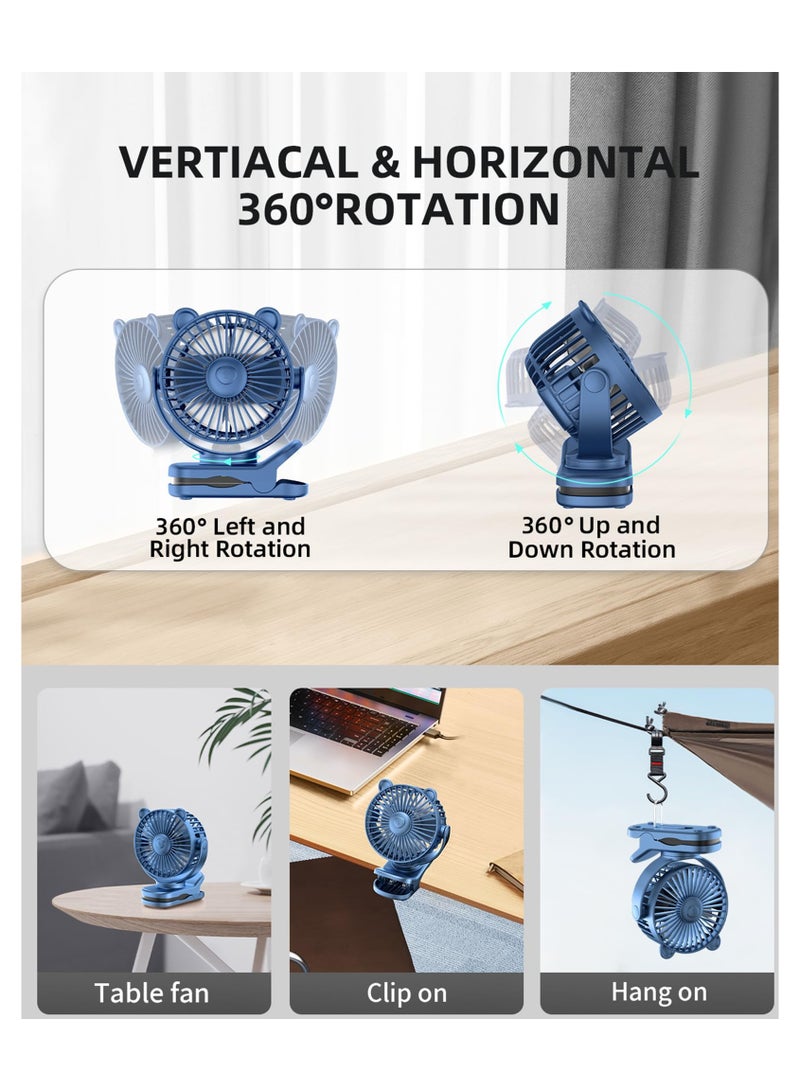 sokany Portable Clip on Fan, Small Desk Fan Battery Operated, 360° Rotation, Bear Design, 3 Speed, Mini Table Fan USB Rechargeable, For Home Office Outdoor Travel (Blue) - Image 5