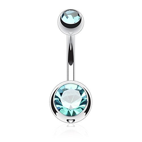FIFTH CUE 14G Grade 23 Solid Titanium Double Gem Ball Naval Belly Button Ring (1/2" (12mm) 5 & 8mm Aqua) - Image 1