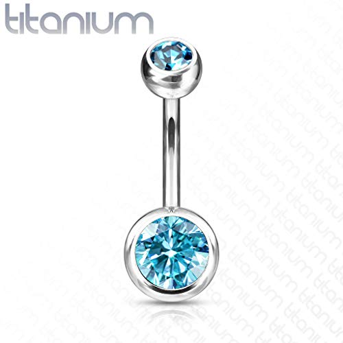 FIFTH CUE 14G Grade 23 Solid Titanium Double Gem Ball Naval Belly Button Ring (1/2" (12mm) 5 & 8mm Aqua) - Image 2