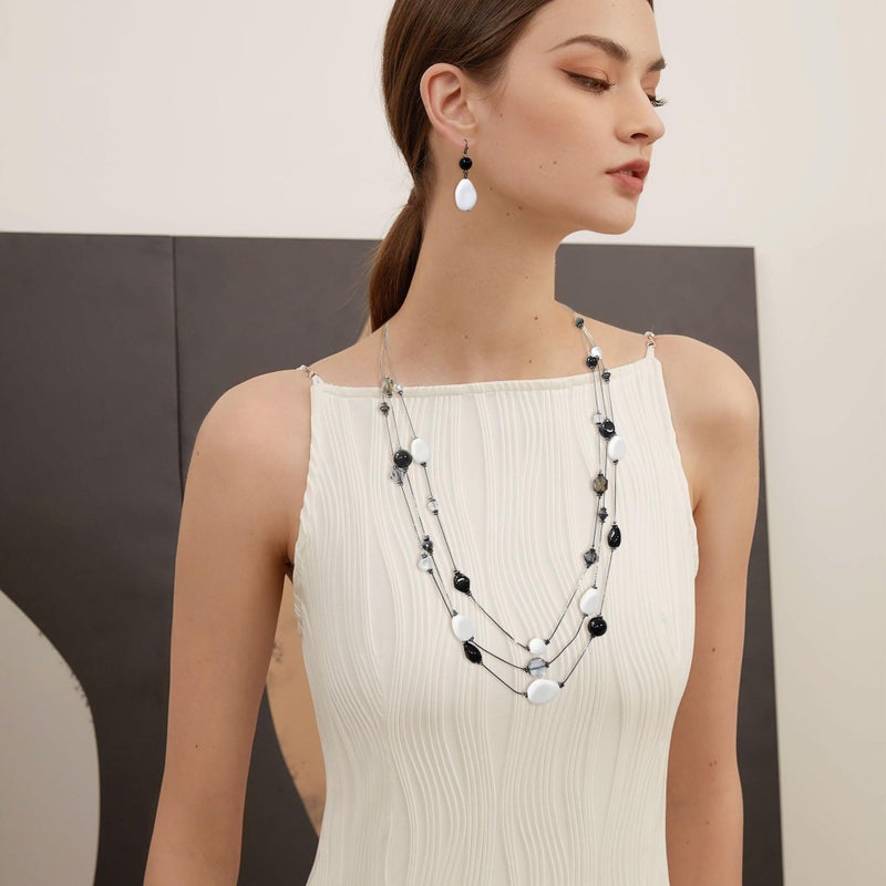 COIRIS 3 Layers Illusion Wire Long Statement Necklace Earrings Set For Women Black White Beaded (N0008-black+white) - Image 2