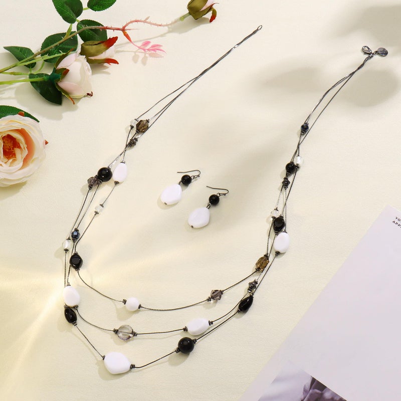 COIRIS 3 Layers Illusion Wire Long Statement Necklace Earrings Set For Women Black White Beaded (N0008-black+white) - Image 5