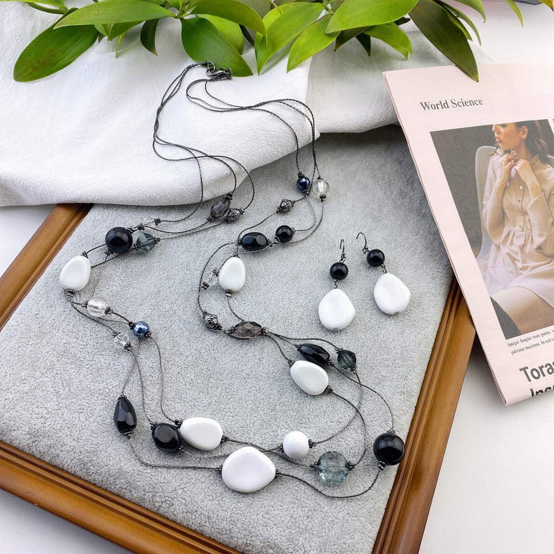 COIRIS 3 Layers Illusion Wire Long Statement Necklace Earrings Set For Women Black White Beaded (N0008-black+white) - Image 3