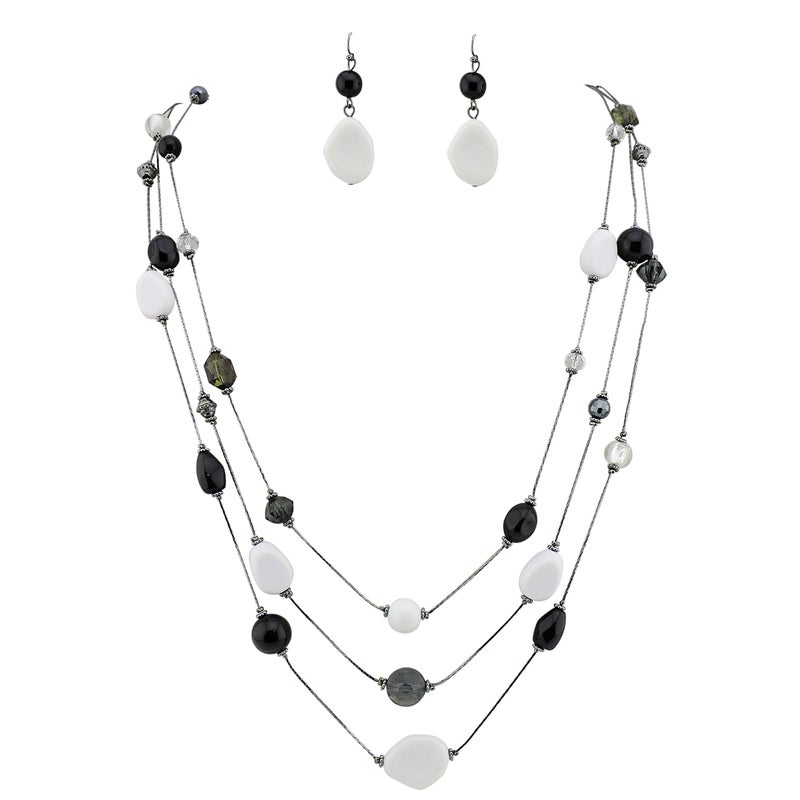 COIRIS 3 Layers Illusion Wire Long Statement Necklace Earrings Set For Women Black White Beaded (N0008-black+white) - Image 1