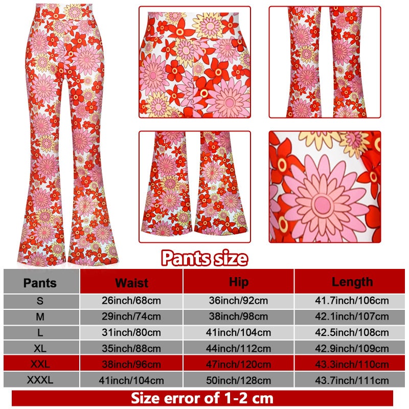 Tisancy 3 Pcs 60s 70s Outfit for Women Hippie Costume Set Disco Flared Pants Groovy Outfit Party Accessories(L Size, Flower) - Image 3