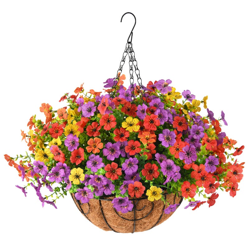 ZFProcess Artificial Faux Hanging Plants Flowers Basket for Spring Summer Outdoor Decoration Fake Silk Daisy in Planter Realistic UV Resistant Look Real for Porch Home Patio Balcony YardMulticolor