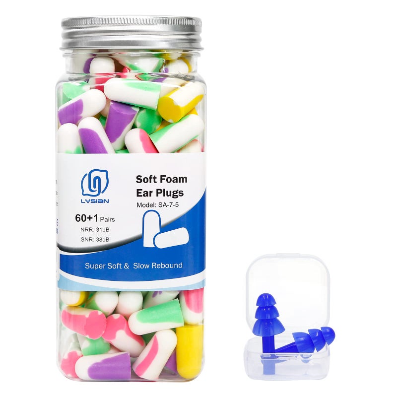 LYSIAN Ultra Soft Foam Earplugs for Sleep, 38dB Noise Cancellation Ear Plugs & Sound Reduction for Sleeping, Snoring, Shooting, Mowing - 60 Pairs Multi-Color - Image 2