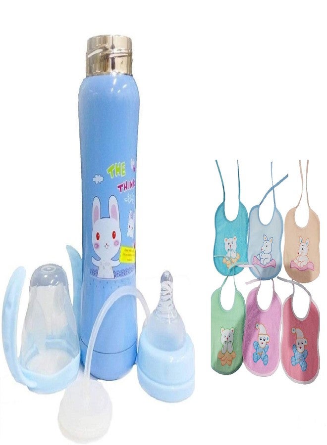 Ineffable Baby Steel Feeding Bottle for Hot and Cold Milk 180ml + Baby Knot Feeding Bib Combo ((Bottle Blue(180))