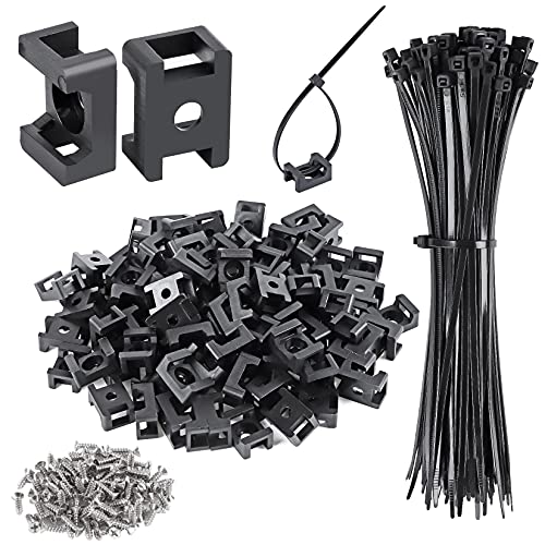 XHF 100 Pcs Cable Zip Tie Saddle Type Mounts Base with 100 Pcs 8" Cable Ties and 100 Pcs Tapping Screw, Wire Cable Clips Organizer Holders Clamps Black - Image 1