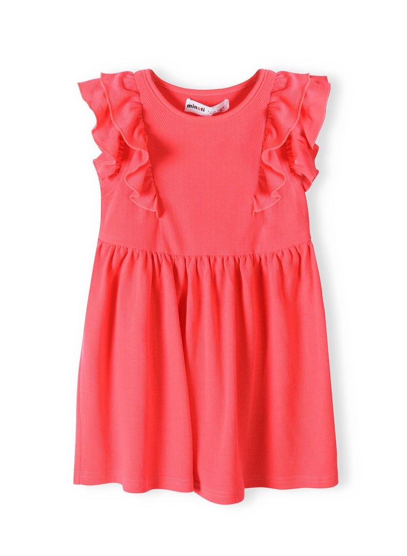 مينوتي فستان قطني بناتي بلون مرجاني بأكمام كشكش - Image 1