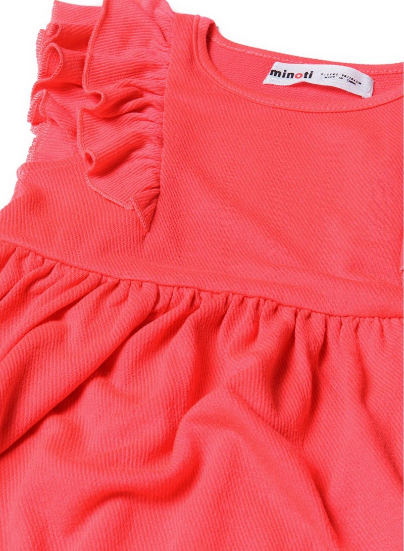 مينوتي فستان قطني بناتي بلون مرجاني بأكمام كشكش - Image 3
