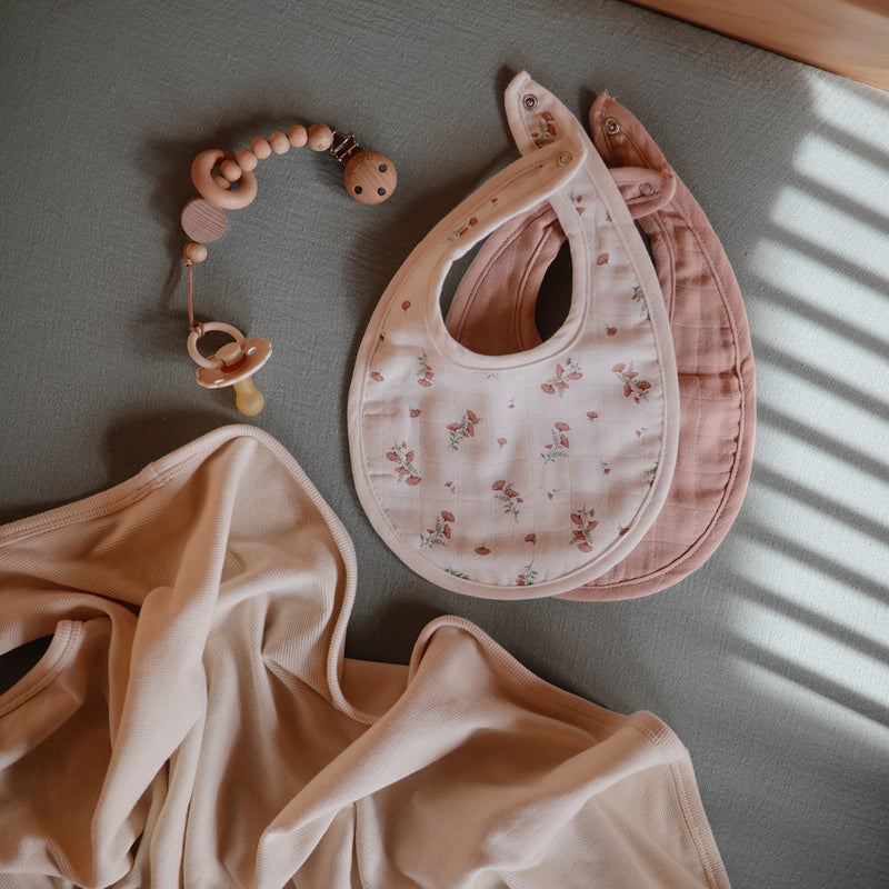 mushie Muslin Baby Bib | Soft Cotton for Infant Drips, Drools & Feedings | Adjustable Fit | 2 Pack (Blush/Pink Floral) - Image 5