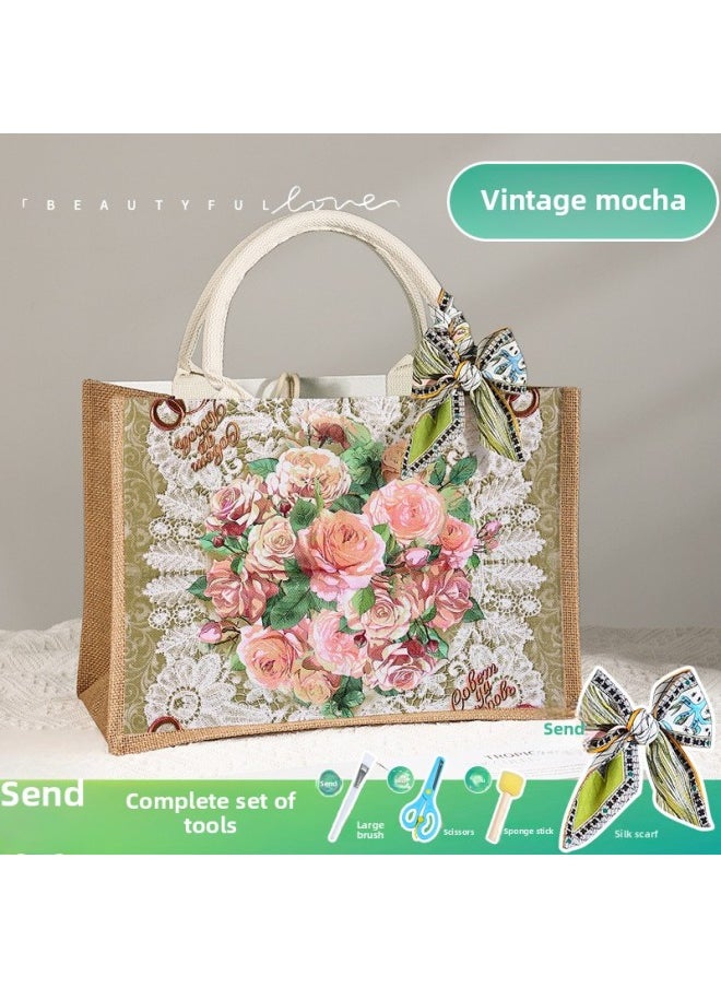 null - Butterfly Ancient Bart Material Bag Diy Mother's Day Canvas Bag Children's Handmade Creative Linen Bag Group Building Activity Gift-Color:Vertical Style [retro Mocha] Comes With A Full Set Of Tools + Detailed Tutorials - Image 1