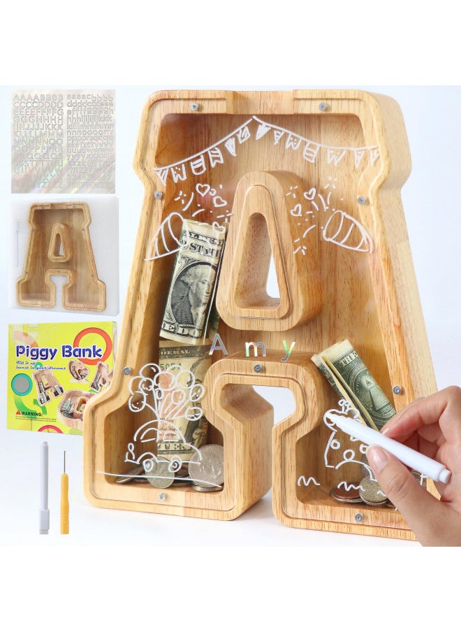 weallbuy Large Letter Piggy Bank for Kids Boys Girls Wooden Personalized Piggy Banks A-Z with Target Area Clear Alphabet Banknote Coin Banks for Gift Decoration Baptism (A)