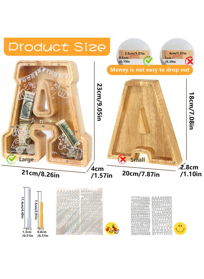 weallbuy Large Letter Piggy Bank for Kids Boys Girls Wooden Personalized Piggy Banks A-Z with Target Area Clear Alphabet Banknote Coin Banks for Gift Decoration Baptism (A)