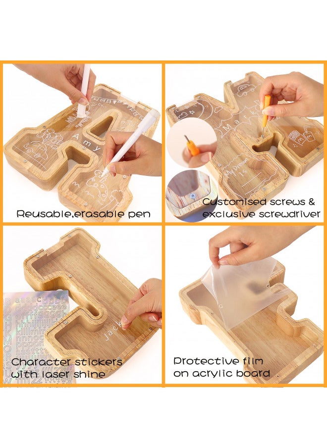 weallbuy Large Letter Piggy Bank for Kids Boys Girls Wooden Personalized Piggy Banks A-Z with Target Area Clear Alphabet Banknote Coin Banks for Gift Decoration Baptism (A)