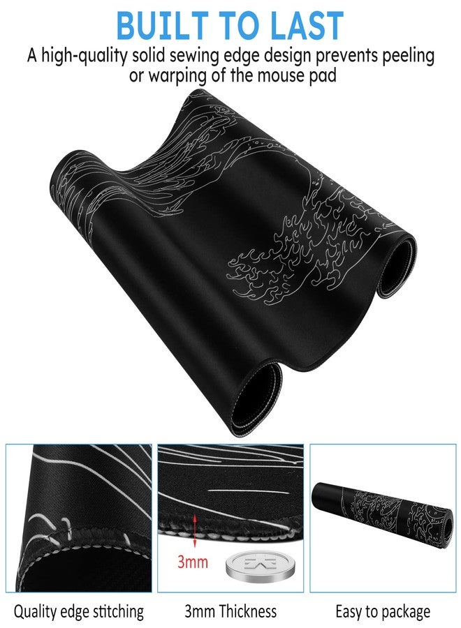 iCasso Gaming Mouse Pad, XXL Large Gaming Mousepad, Big Rubber Base Mouse Mat with Stitched Edges, Computer Keyboard Desk Pad for Work, Game, Office, Home - Black Wave of Kanagawa - Image 3