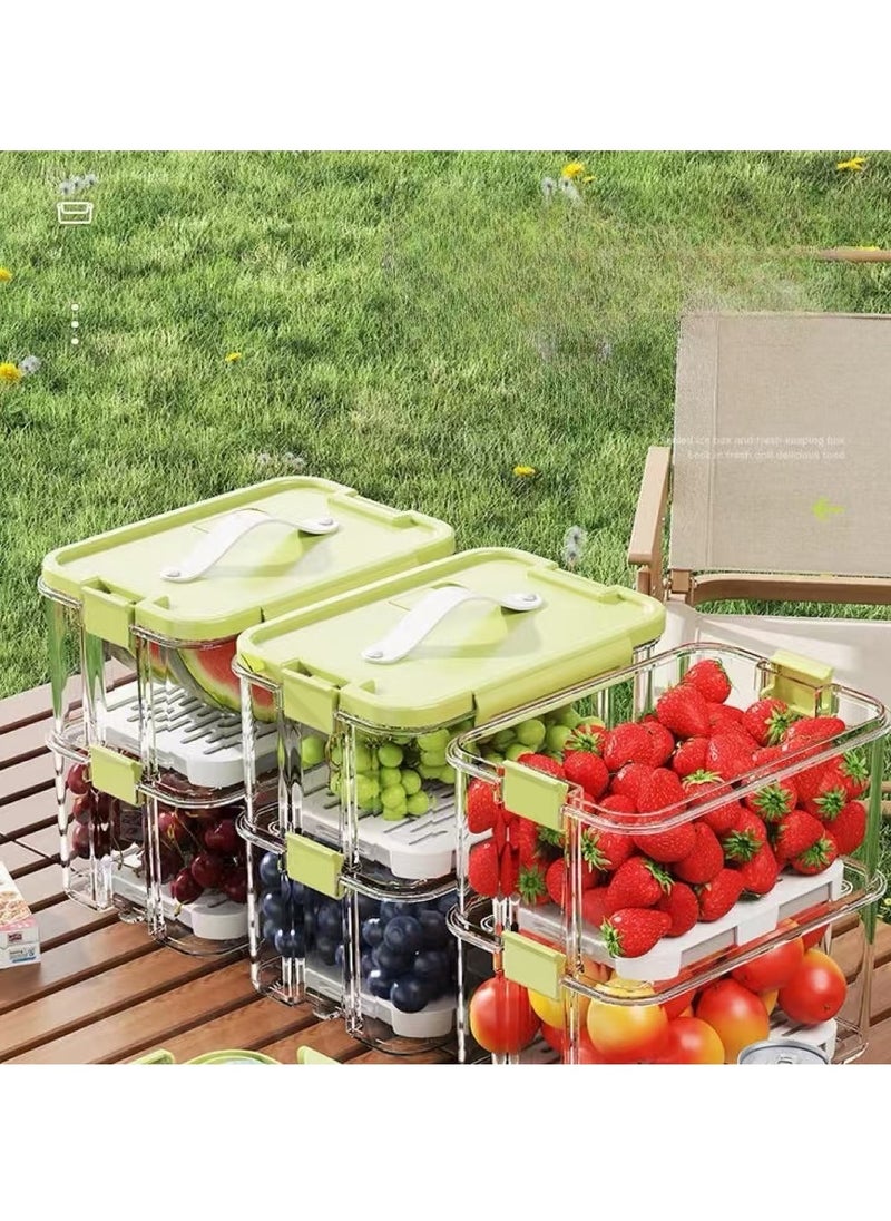 2pcs Clear Crisper Box Fridge Organizers Stackable Refrigerator Storage Containers with Drainage Board and Ice Compartment for Food Drinks Vegetable(1000ml+2000ml）