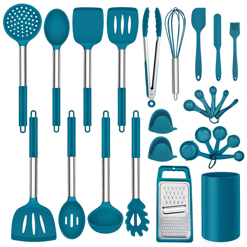 LIANYU 27 PCS Kitchen Utensils Set with Holder Silicone Cooking Utensils Spatula Set with Stainless Steel Handle Kitchen Cooking Gadgets Tools for Nonstick Cookware Set Heat Resistant Blue