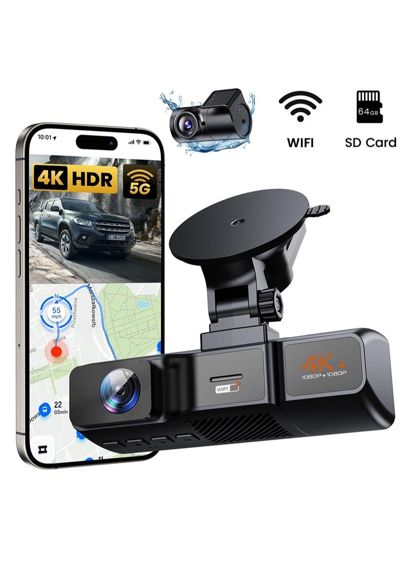 4K Dash Cam for Cars Front and Rear Dual Lens Front 4K Rear Lens 1080P Built-In WiFi G-Sensor With GPS Car DVR Video Recorder 24H Parking Mode with 64G Card  ﻿