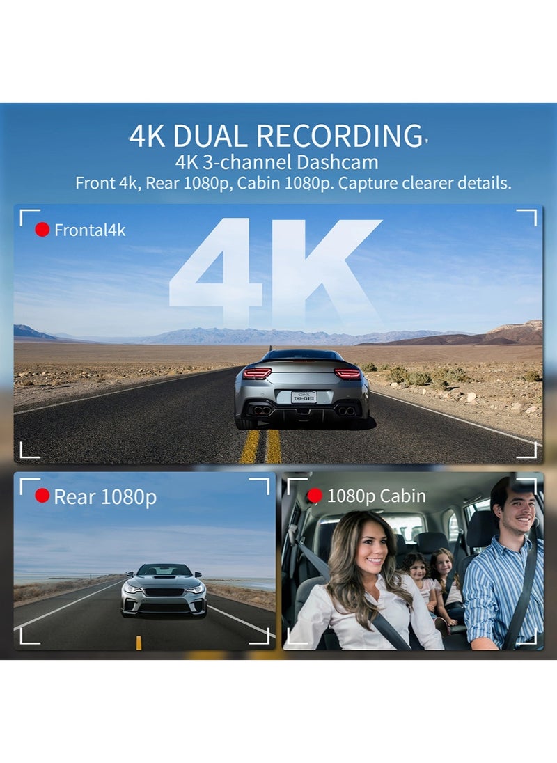4K Dash Cam for Cars Front and Rear Dual Lens Front 4K Rear Lens 1080P Built-In WiFi G-Sensor With GPS Car DVR Video Recorder 24H Parking Mode with 64G Card  ﻿