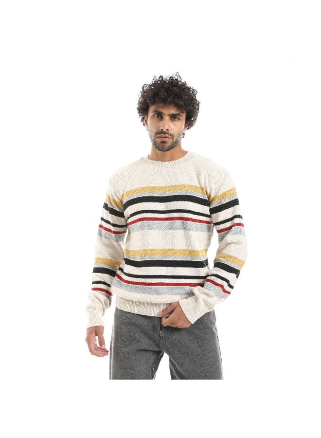 Andora Stripped Multicolour Knitted Round Collar Pullover_Beige - Image 1