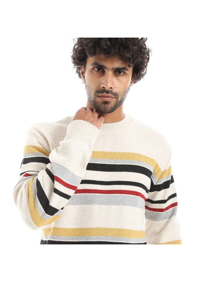 Andora Stripped Multicolour Knitted Round Collar Pullover_Beige - Image 4