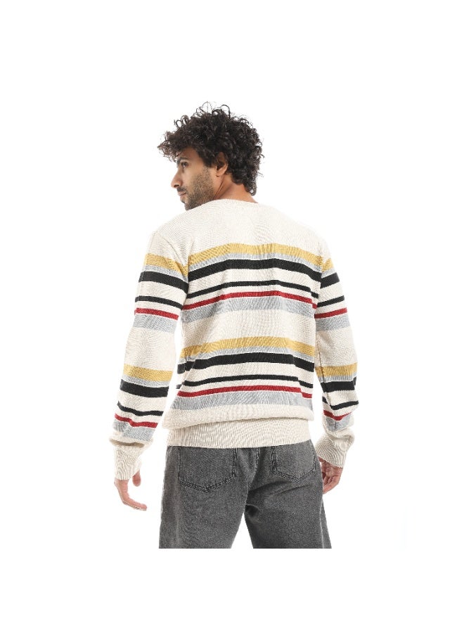 Andora Stripped Multicolour Knitted Round Collar Pullover_Beige - Image 2