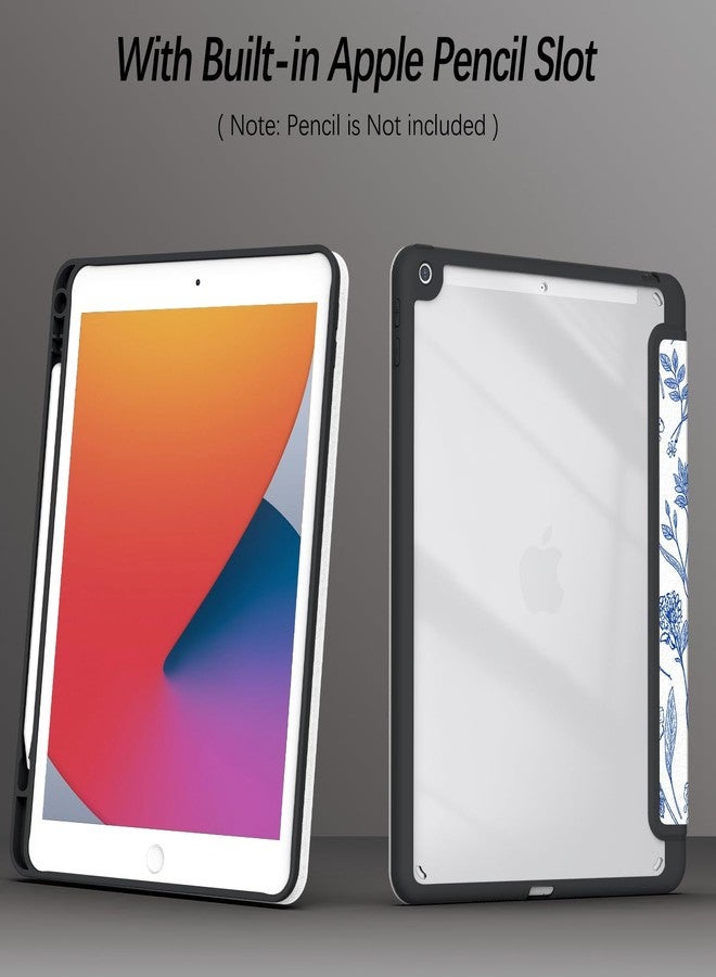 Xkladz جراب Xkladz لأجهزة iPad من الجيل التاسع/الثامن/السابع (2021/2020/2019) مقاس 10.2 بوصة، جراب مع حامل قلم، غطاء خلفي شفاف، تصميم أنيق وجذاب للنساء والفتيات، خاصية التشغيل/الإيقاف التلقائي، زهرة زرقاء - Image 3