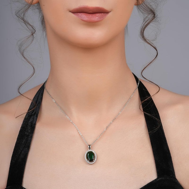 STYOLLO Pendant Necklace Silver For Women & Girls with Oval Crystal & American Diamonds | Traditional Women's Jewellery | Stylish Girls' Chains & Necklaces, Birthday, Gift- Set of 1 - Image 3