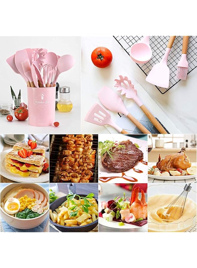 مونوبتيلون مجموعة أدوات طهي سيليكون غير لاصقة من 11 قطعة مع دلو تخزين، مجموعة أدوات مطبخ مقاومة للحرارة بمقابض من الخشب الطبيعي (وردي) - Image 2