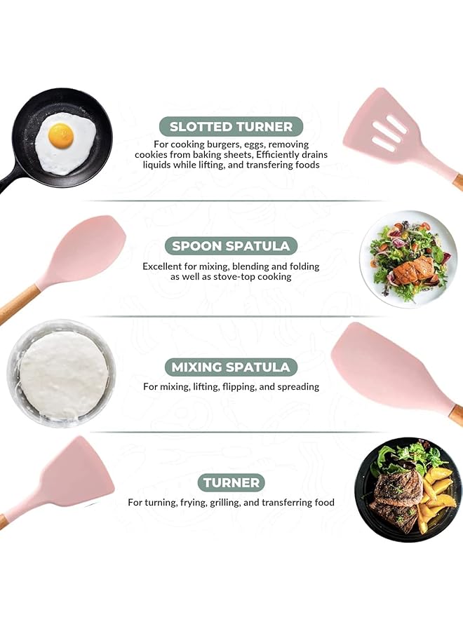 مونوبتيلون مجموعة أدوات طهي سيليكون غير لاصقة من 11 قطعة مع دلو تخزين، مجموعة أدوات مطبخ مقاومة للحرارة بمقابض من الخشب الطبيعي (وردي) - Image 4