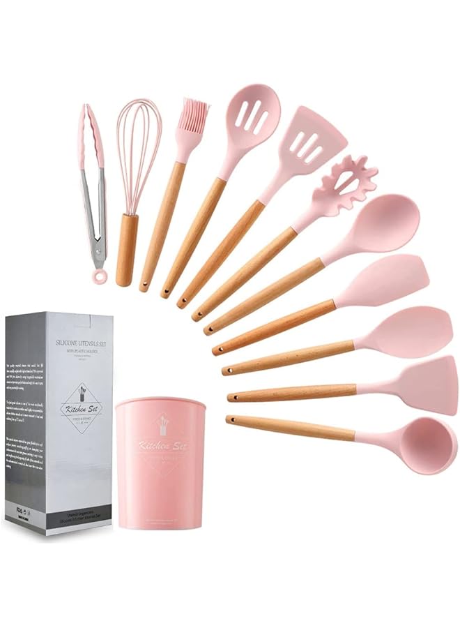 مونوبتيلون مجموعة أدوات طهي سيليكون غير لاصقة من 11 قطعة مع دلو تخزين، مجموعة أدوات مطبخ مقاومة للحرارة بمقابض من الخشب الطبيعي (وردي) - Image 1