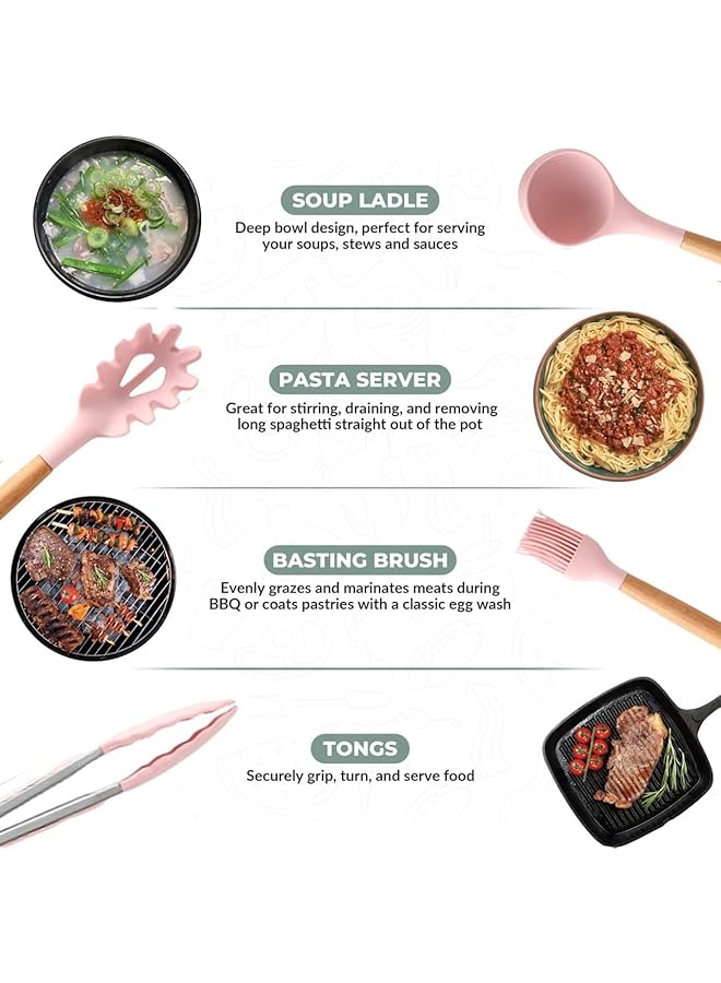مونوبتيلون مجموعة أدوات طهي سيليكون غير لاصقة من 11 قطعة مع دلو تخزين، مجموعة أدوات مطبخ مقاومة للحرارة بمقابض من الخشب الطبيعي (وردي) - Image 3