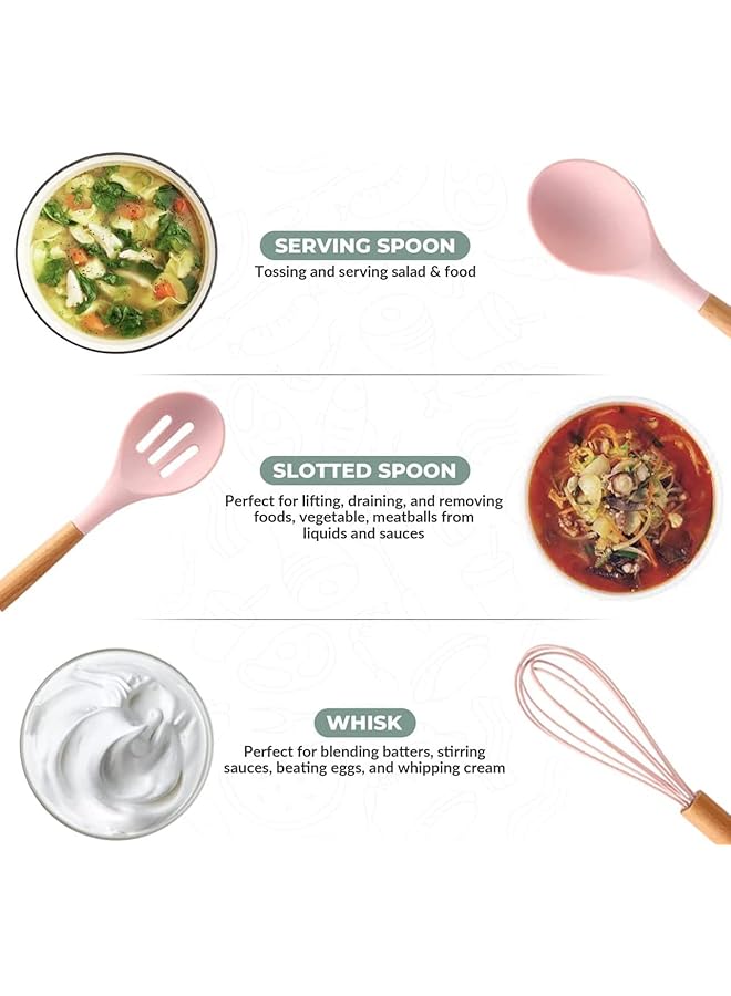 مونوبتيلون مجموعة أدوات طهي سيليكون غير لاصقة من 11 قطعة مع دلو تخزين، مجموعة أدوات مطبخ مقاومة للحرارة بمقابض من الخشب الطبيعي (وردي) - Image 5