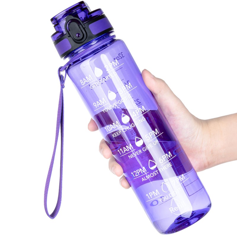 OLDLEY Water Bottle, 32oz Motivational Sports Water Bottle with Time Marker - Times to Drink - Tritan, BPA Free, Wide Mouth Leakproof, Anniversary Birthday Gifts for Men Women, Deep Purple (1 Bottle) - Image 1