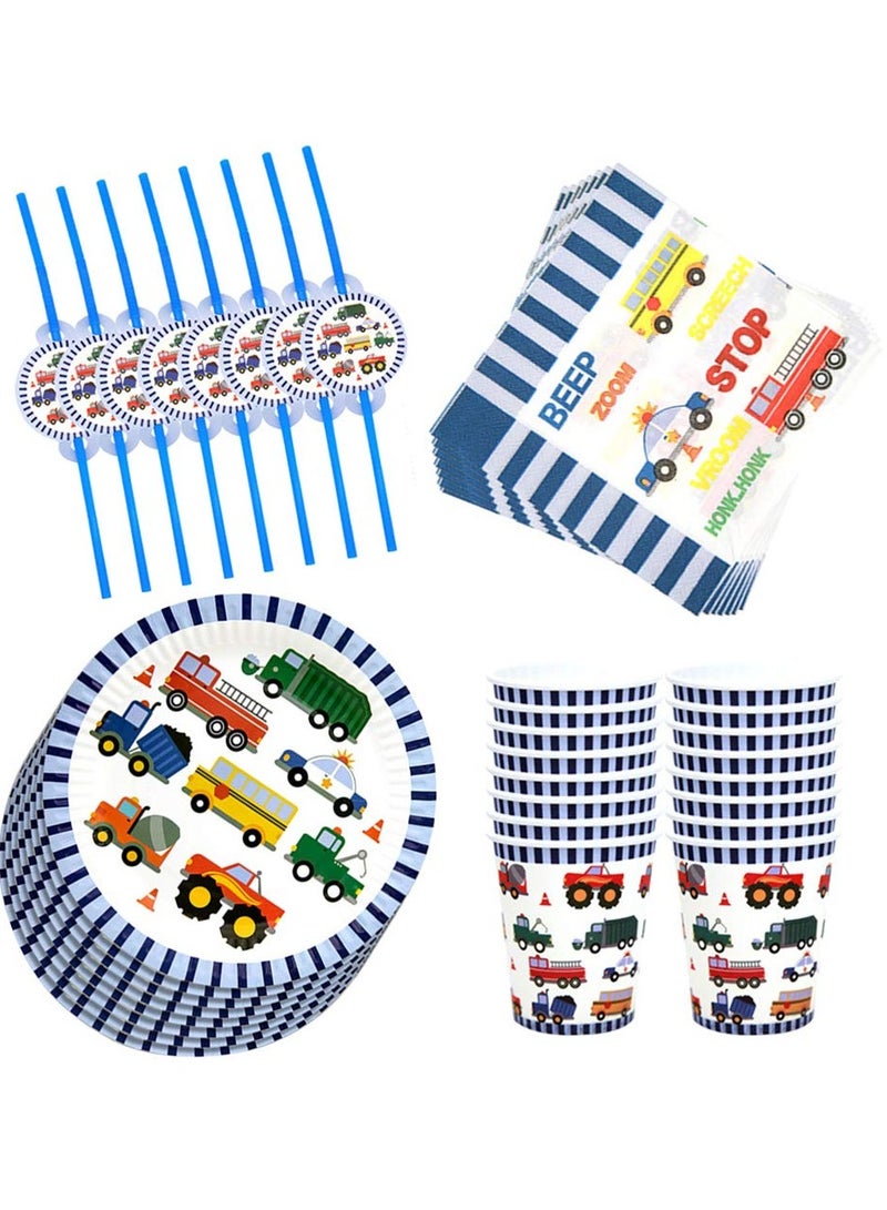 Zikra 50pcs in 1 Set Engineering Vehicle Theme Disposable Tableware,  Paper Cup Plates Dinnerware Set Car Printing Napkins Straw Set Baby Boy Birthday Party Supplies Party Supply - Image 4