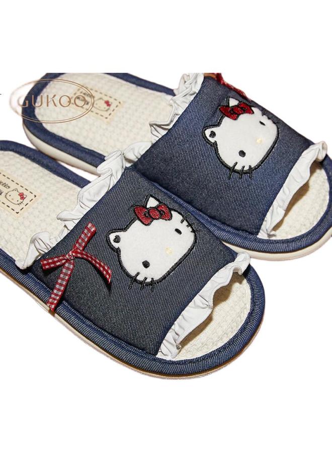 Gukoo Women'S Slippers, Spring And Summer Hellokitty New Style Flat Ladies Home Linen Slippers, Dark Denim Blue, Size 36-37 - Image 3