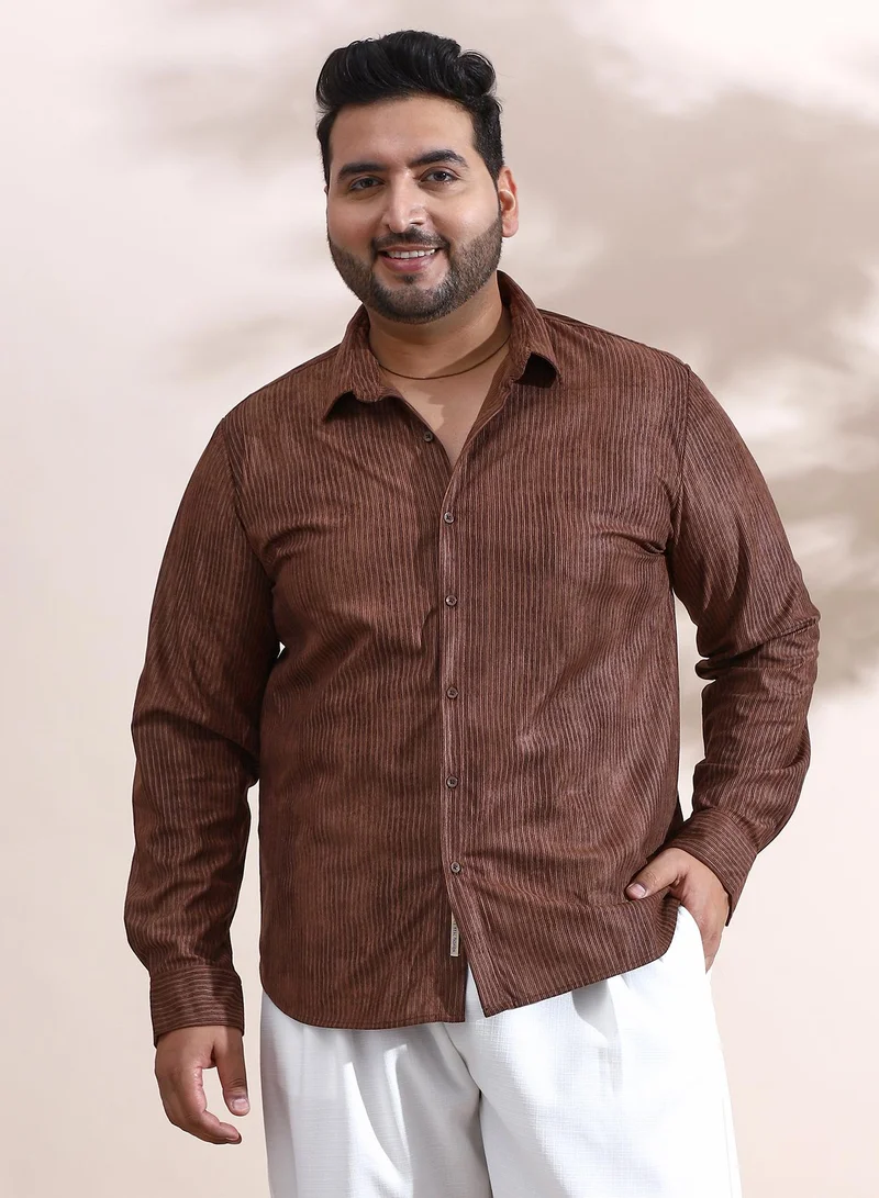 Instafab Plus Instafab Plus Men's Chocolate Brown Rhythm-Weave Shirt For Casual Wear | Spread Collar | Long Cuffed Sleeves | Button Closure | Plus Size Shirt Crafted With Comfort Fit For Everyday Wear